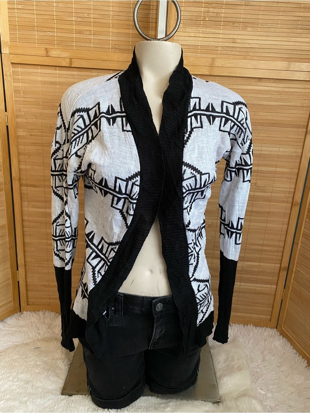 Say What? y2k black white Southwestern aztec open front cardigan